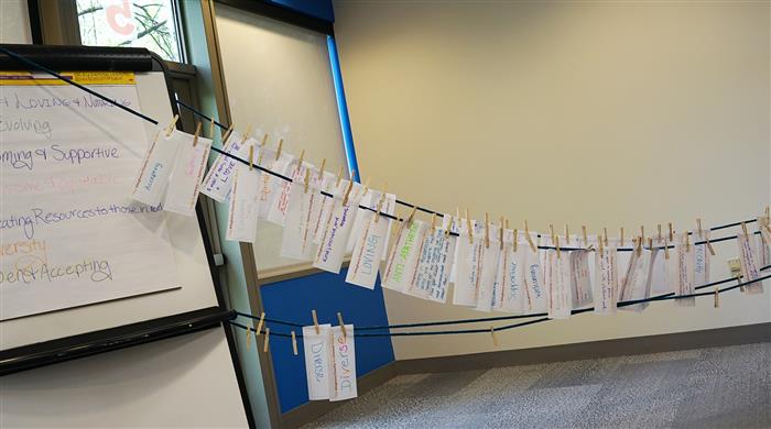 A clothesline featuring pinned pieces of paper that describe what attendees want Allegheny County to be.